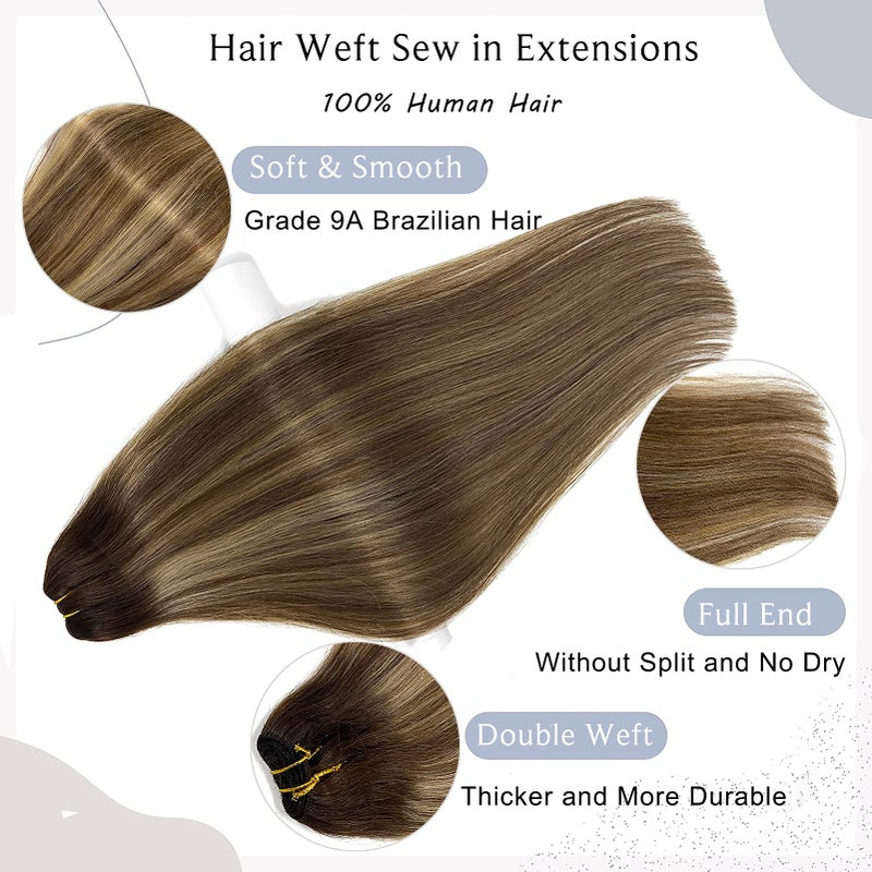 Ubetta Sew in Hair Extensions Real Human Hair, Ombre Brown and Caramel Blonde Highlights Balayage, 120G 24 Inch Hand Tied Weft, Human Hair Extensions - Image 3